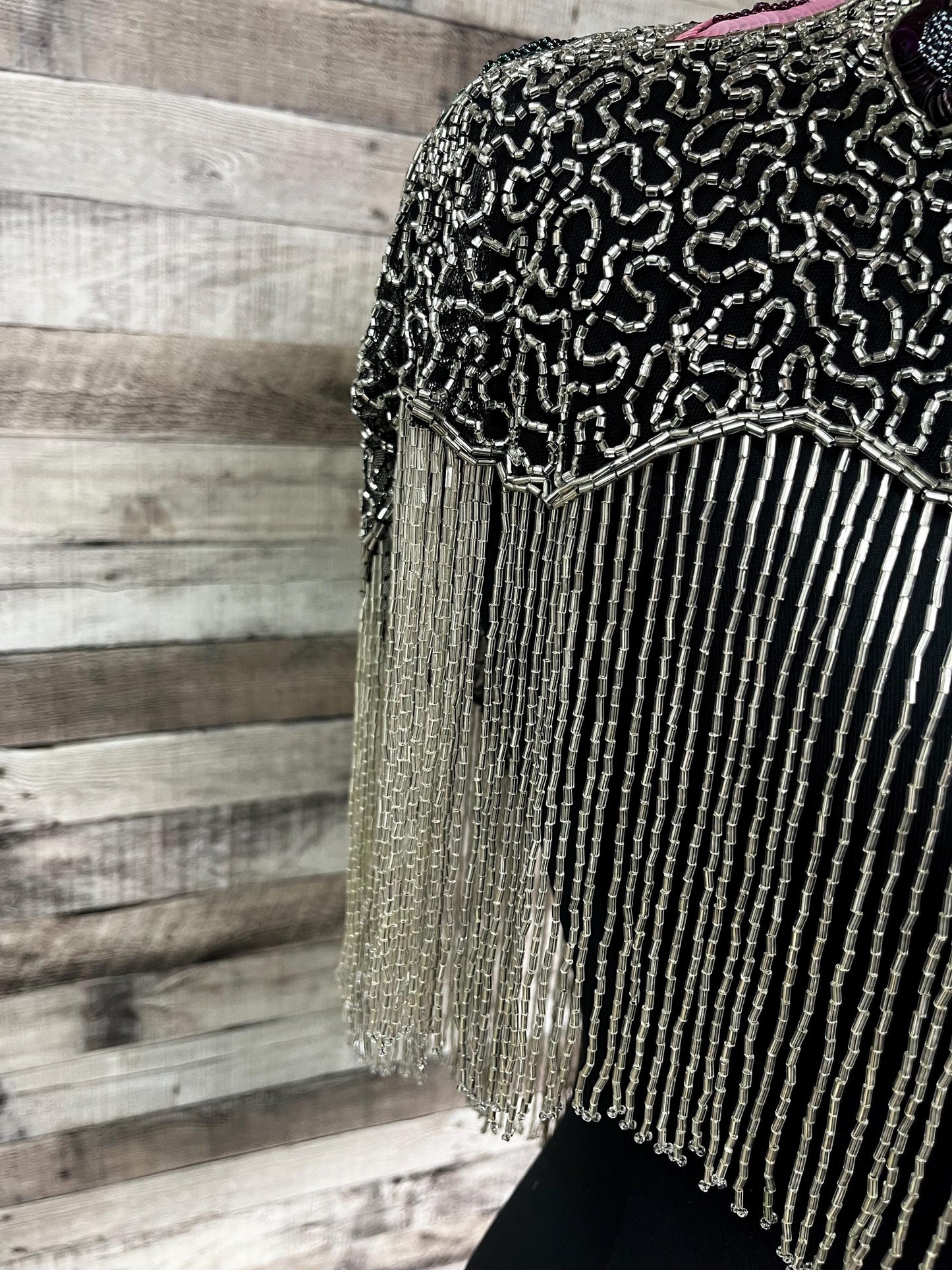 MULTI Colored SILVER Beaded & Sequin Long Glass Fringe Collar Shoulder Shrug Shawl Applique Wrap Bridal Western Rodeo