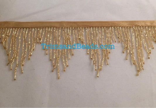 By the yard-3" GOLD Glass BUGLE Bead CHEVRON Beaded Fringe Lamp Costume Trim