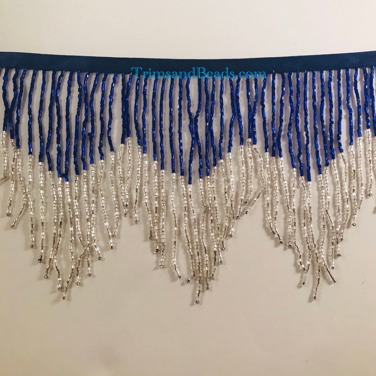 6" DARK Royal Blue/Silver Ombre Ombré Chevron Glass BUGLE Bead Beaded Fringe Lamp Costume Trim Variegated