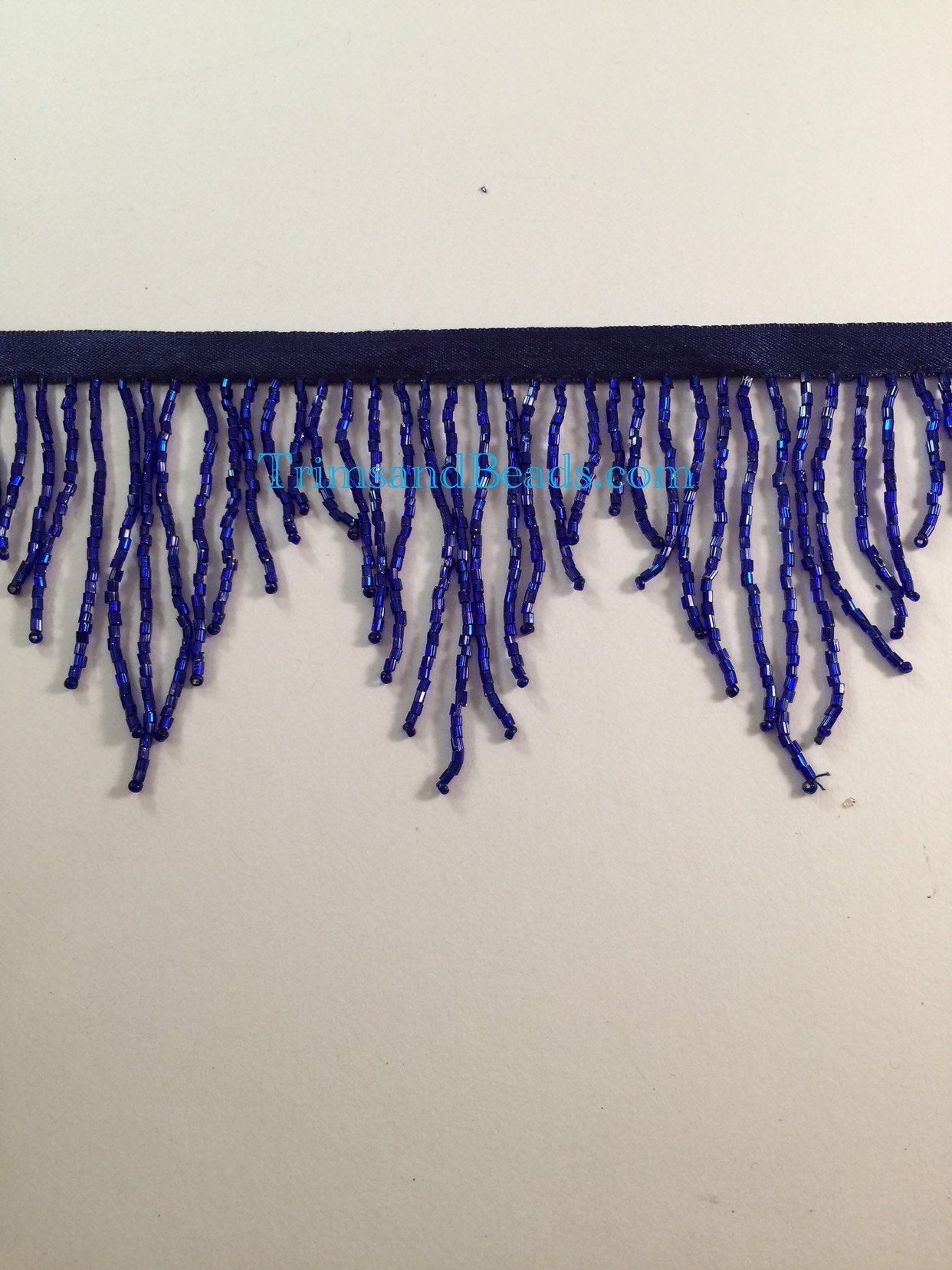 3" DARK Royal Blue Glass CHEVRON Beaded BUGLE Bead Fringe Lamp Costume Trim Variegated