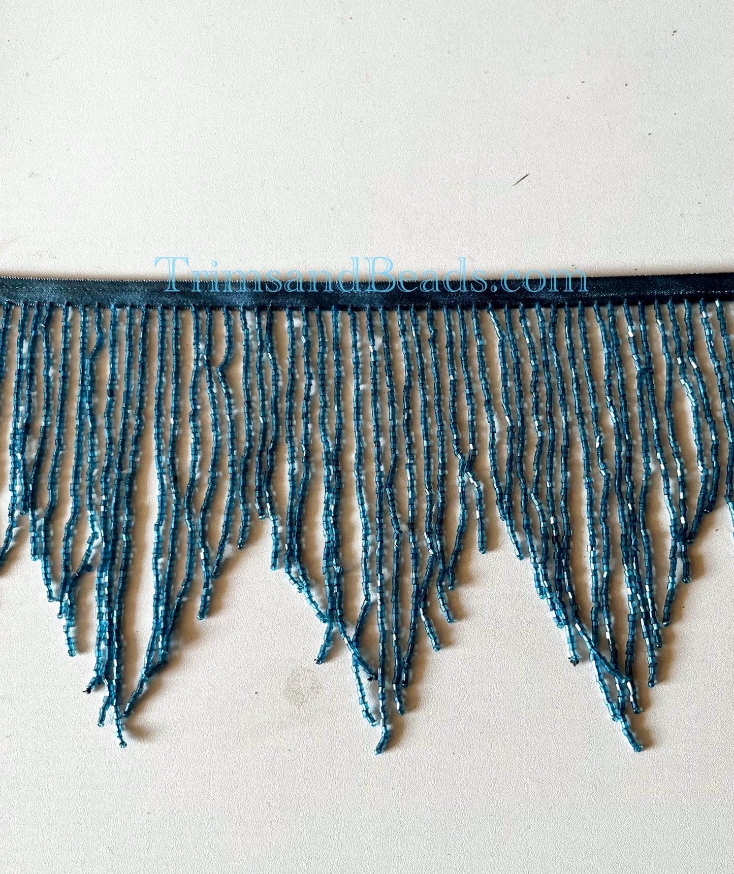6/6.5" BLUE Glass CHEVRON Beaded BUGLE BeadFringe Lamp Costume Trim Variegated