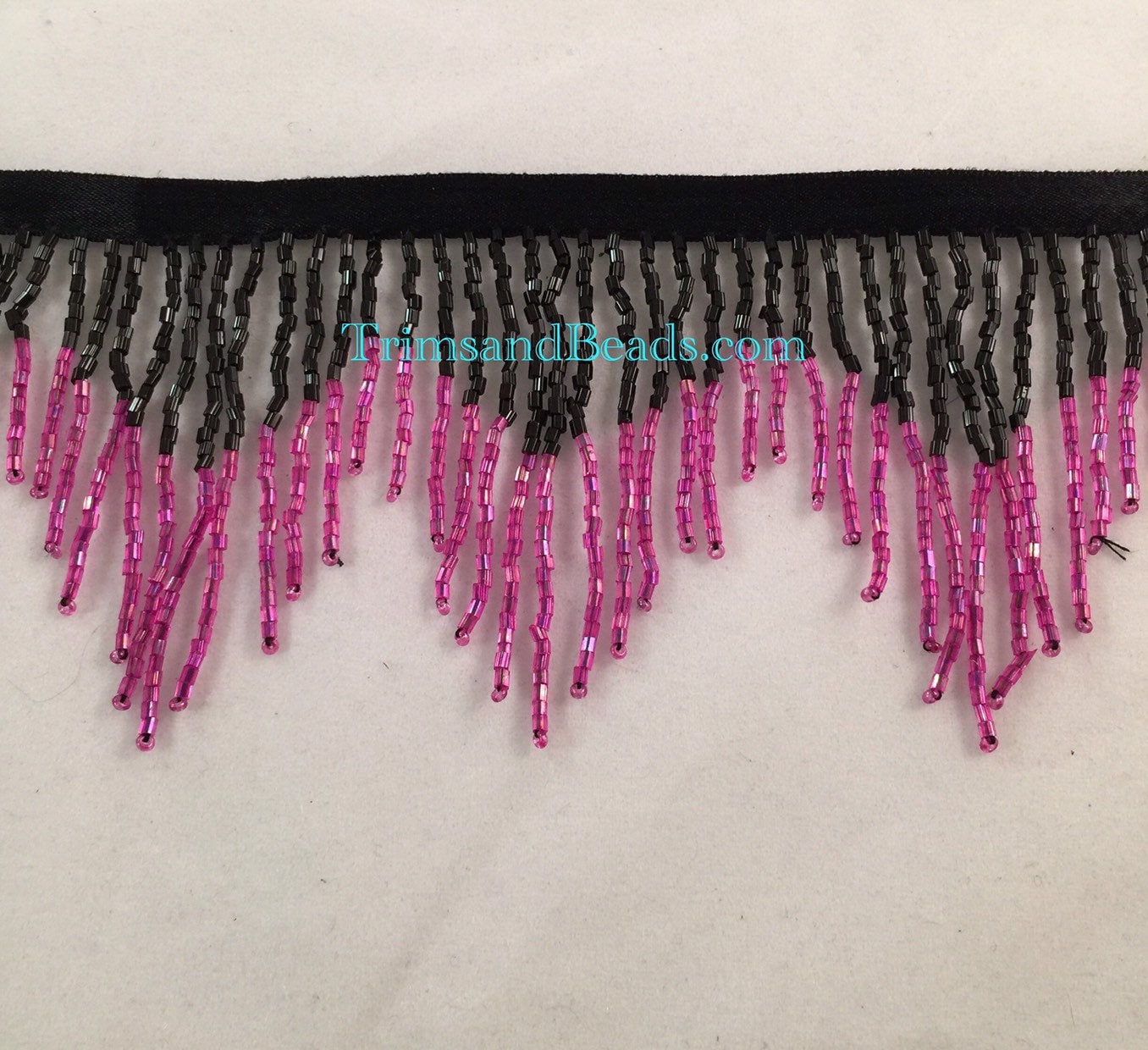3" BLACK/FUCHSIA Pink Ombre Glass CHEVRON Bugle Bead Beaded Fringe Lamp Costume Trim Variegated