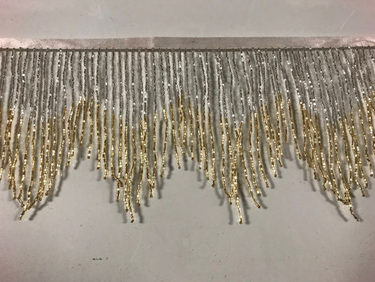 5 Yard Bolt- 6.5/6" Silver/Gold Sparkling Ombre Ombré CHEVRON Glass BUGLE Bead Beaded Fringe Lamp Costume Trim