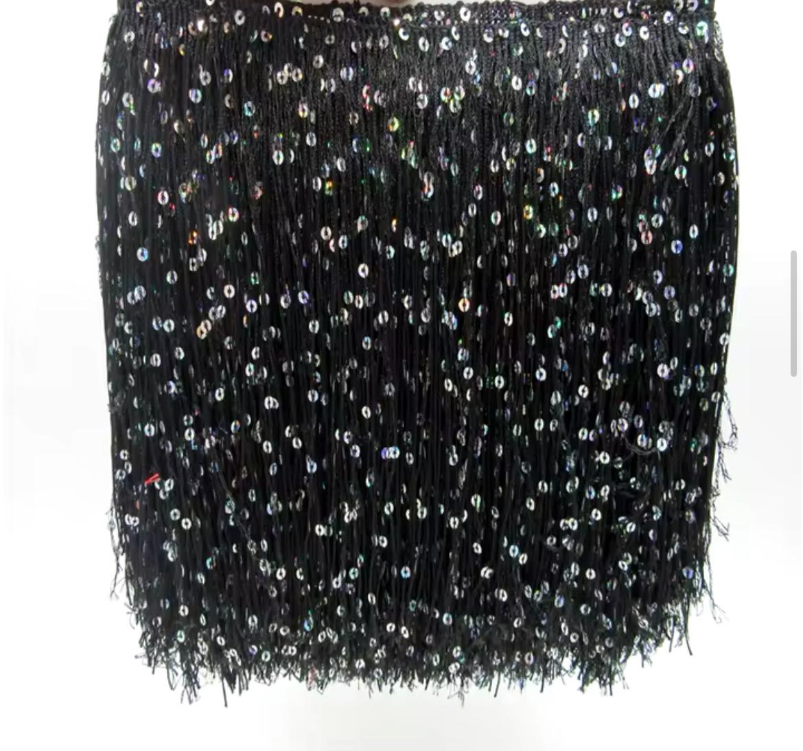 By the Yard-8" BLACK with SILVER laser Sequins CHAINETTE Fabric Fringe Lampshade Lamp Costume Trim
