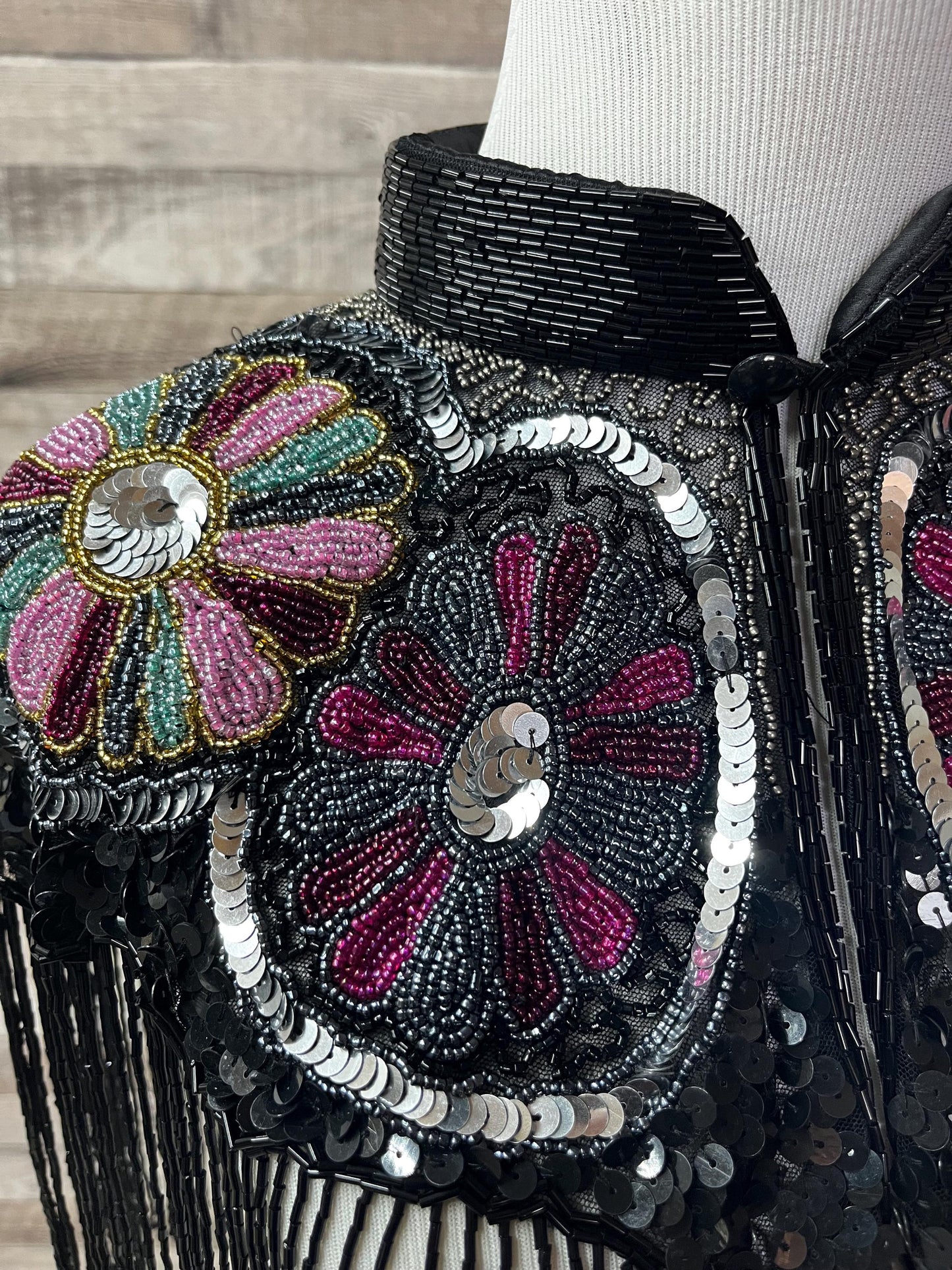 MULTI Colored BLACK Beaded & Sequin Long Glass Fringe Collar Shoulder Shrug Shawl Applique Wrap Western Rodeo