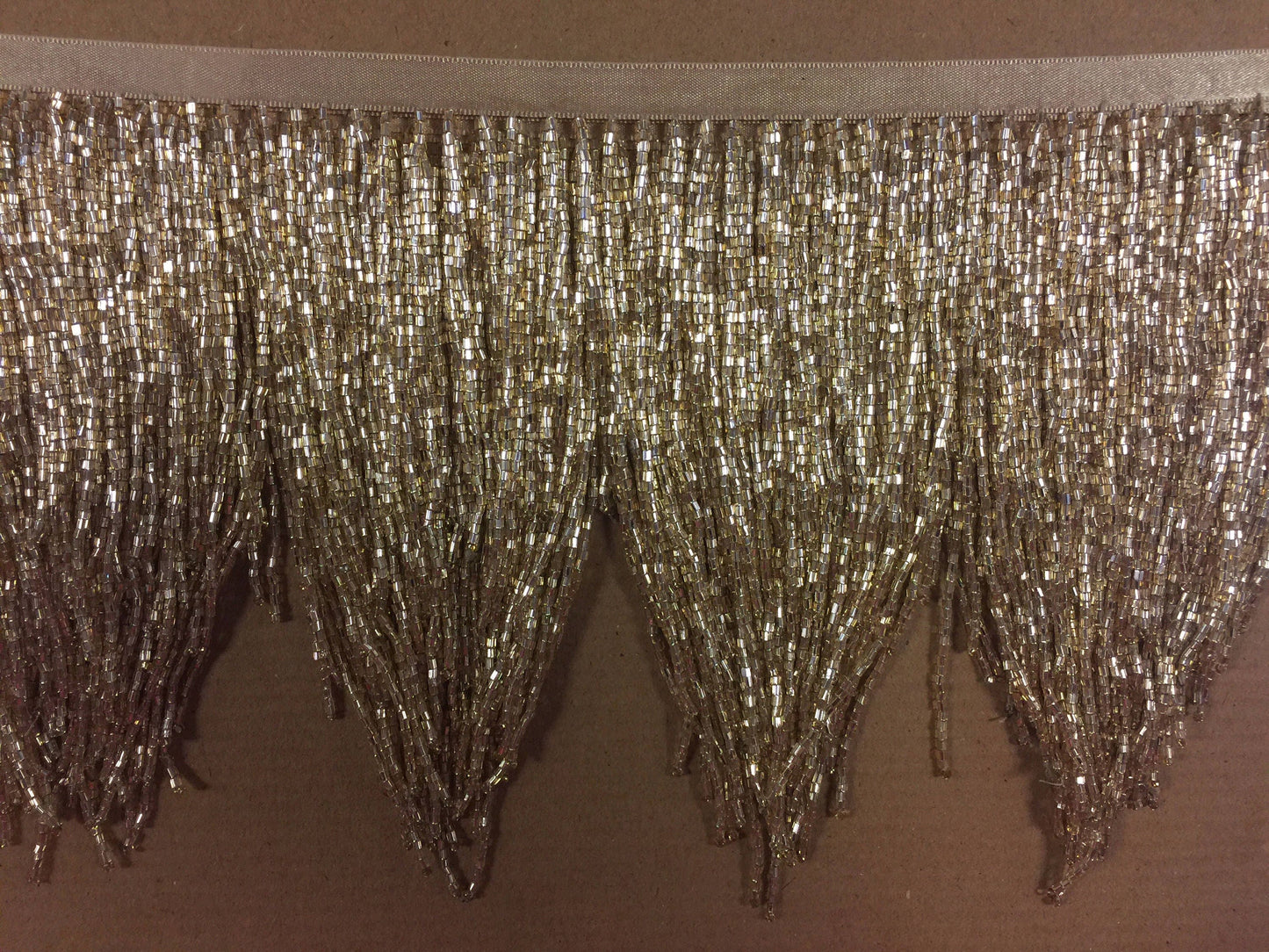 6/6.5" GOLD CHEVRON Glass BUGLE Bead Beaded Fringe Lamp Costume Trim Variegated