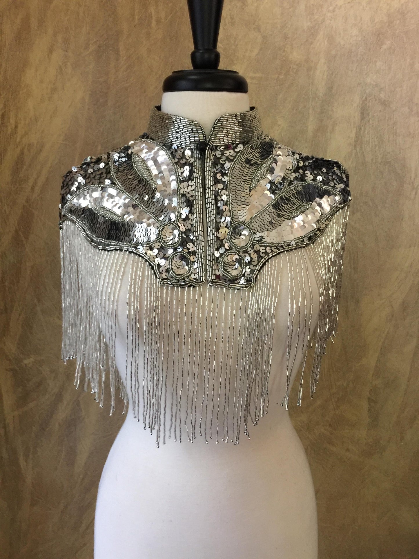 SILVER Beaded & Sequin Long Glass Fringe Collar Shoulder Shrug Shawl Applique Wrap western rodeo