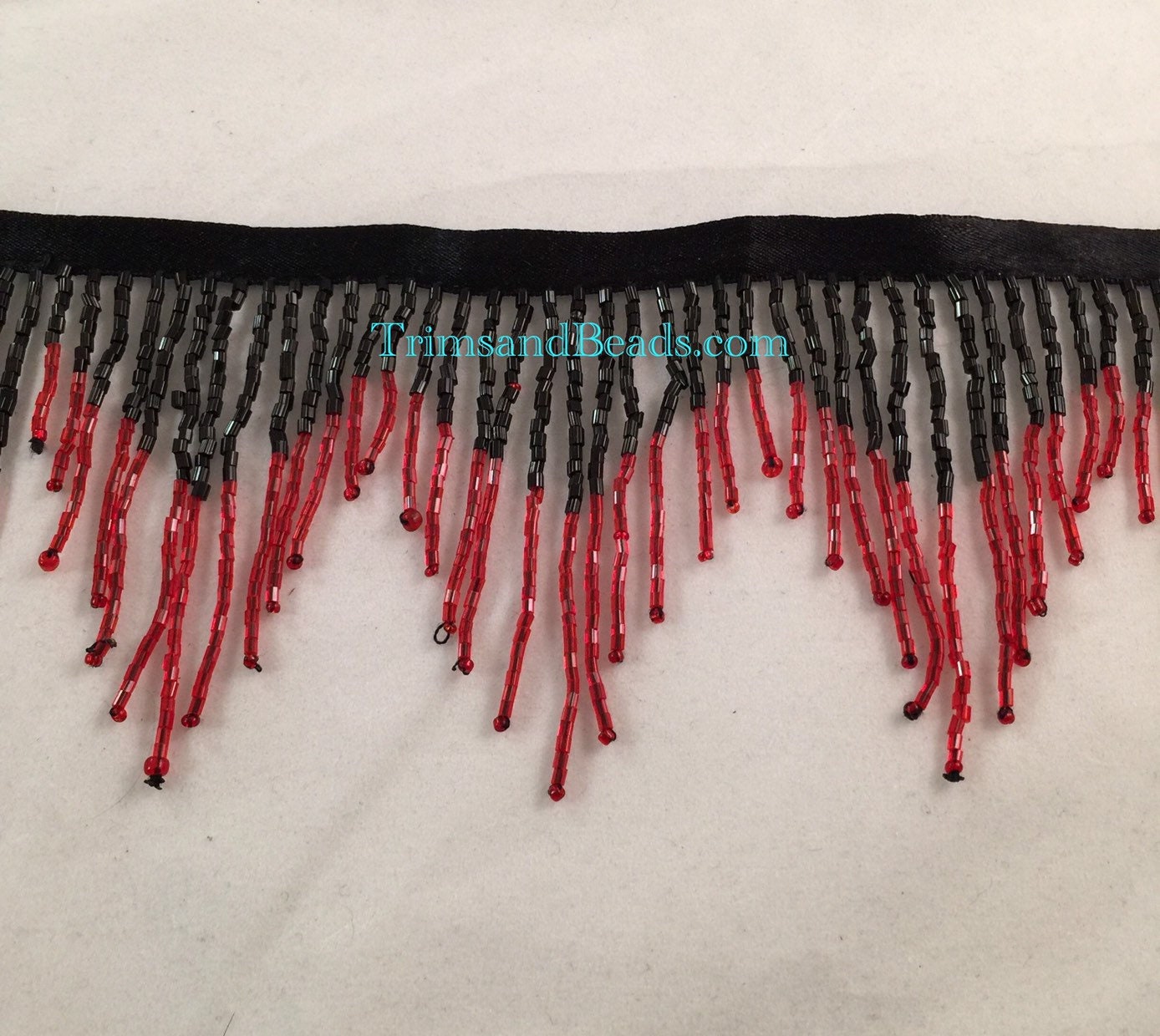 3" BLACK/DARK Red Ombre Glass CHEVRON Bugle Bead Beaded Fringe Lamp Costume Trim Variegated