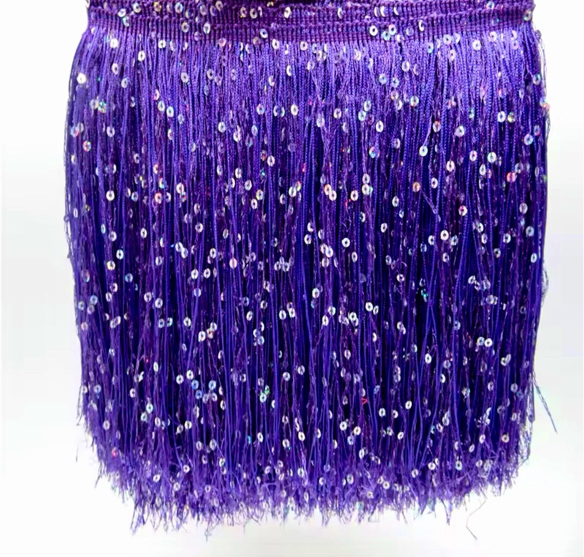 By the Yard-8" PURPLE with SILVER laser Sequins CHAINETTE Fabric Fringe Lampshade Lamp Costume Trim