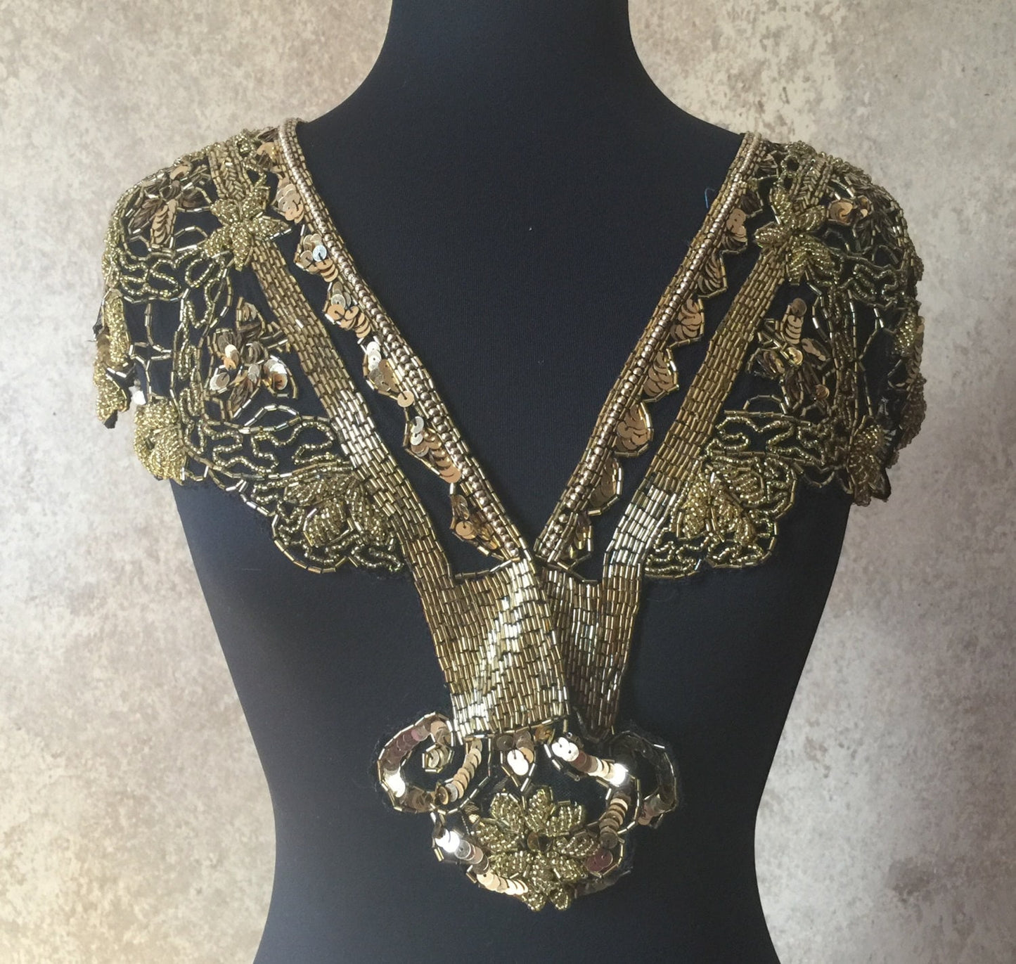 Sequin Glass Beaded & Sequin Wrap Lace Collar Shoulder Shrug Shawl Applique GOLD/BLACK Vintage Bridal