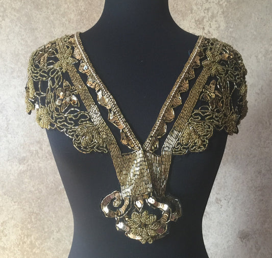 Sequin Glass Beaded & Sequin Wrap Lace Collar Shoulder Shrug Shawl Applique GOLD/BLACK Vintage Bridal