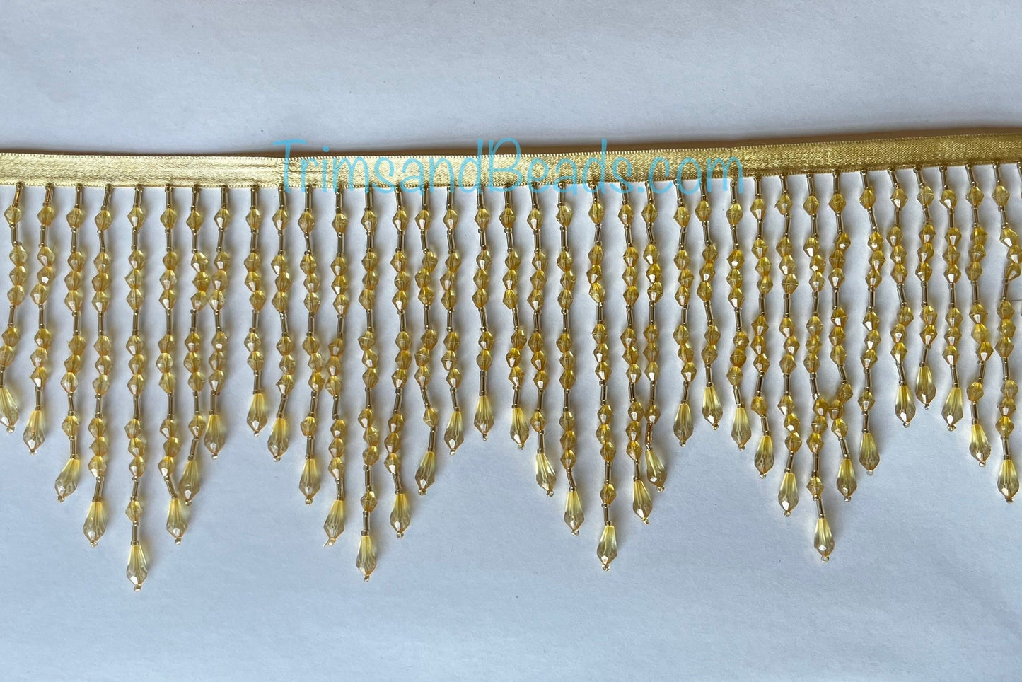 5" Light Gold ACRYLIC & Glass CHEVRON Bead Beaded Fringe Teardrop Ends Lamp Costume Trim