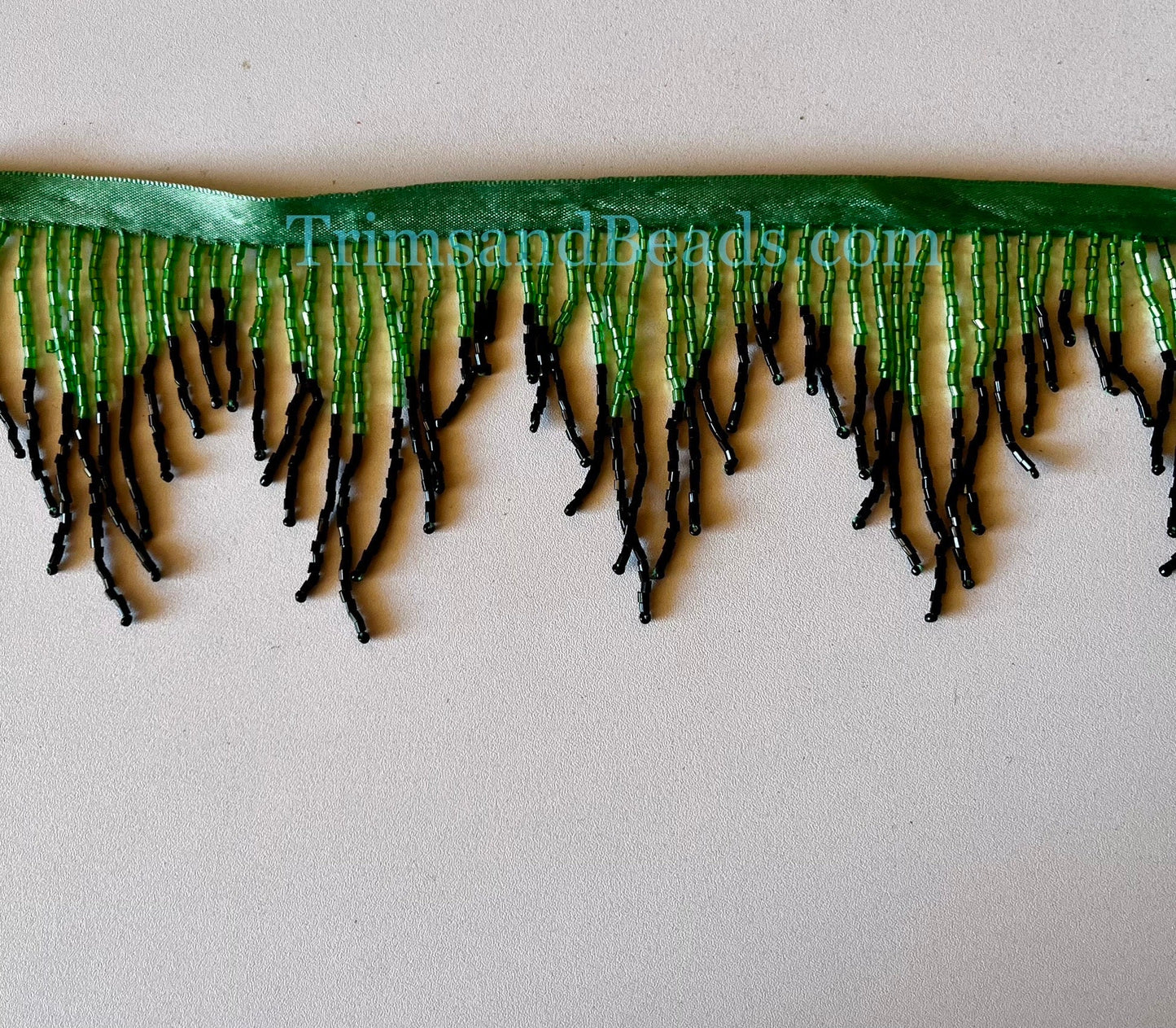 3" Emerald Green/Black BUGLE bead Ombre Glass CHEVRON Beaded Fringe Lamp Costume Trim Variegated