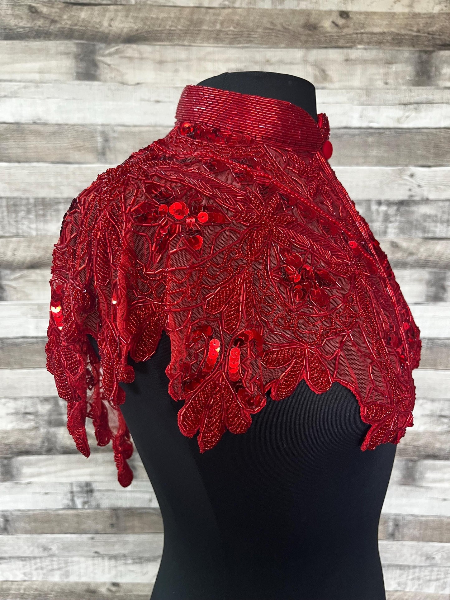 RED Sequin Glass Beaded & Sequin FULL Wrap Lace Collar Shoulder Shrug Shawl Applique