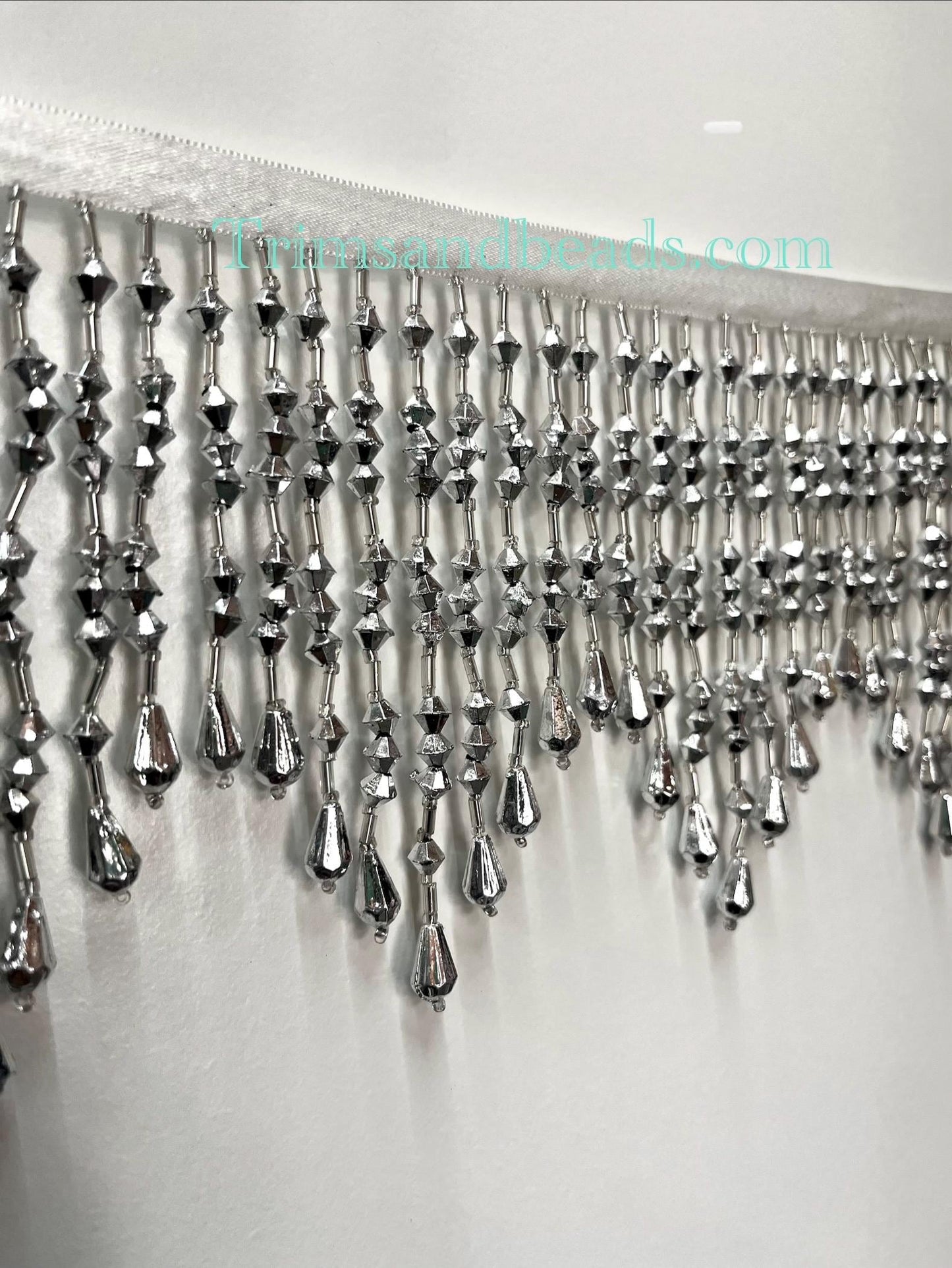 5" Opaque Metallic Silver ACRYLIC & Glass CHEVRON Bead Beaded Fringe Teardrop Ends Lamp Costume Trim