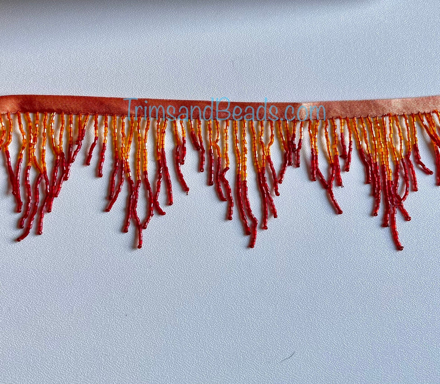 3" ORANGE/Red Ombre CHEVRON Glass BUGLE Bead Beaded Fringe Lamp Costume Trim Variegated