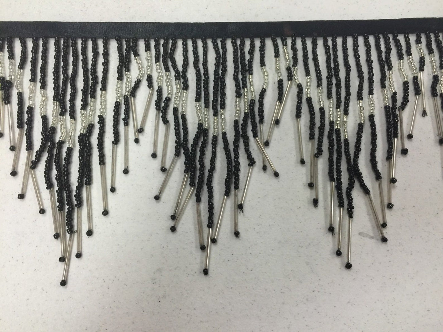 5 Yard Bolt 6.5" Black & Silver Glass SEED Bugle Beaded Fringe CHEVRON Lamp Costume Trim Variegated