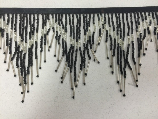 5 Yard Bolt 6.5" Black & Silver Glass SEED Bugle Beaded Fringe CHEVRON Lamp Costume Trim Variegated