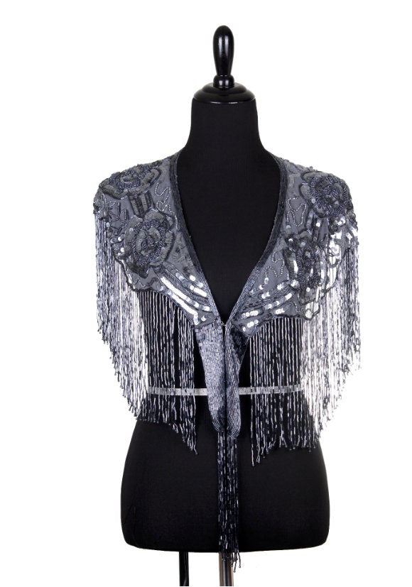 GUNMETAL GRAY Sequin Glass Rose Beaded & Sequin Lace Collar Shoulder Shrug Shawl Applique Wrap Bridal