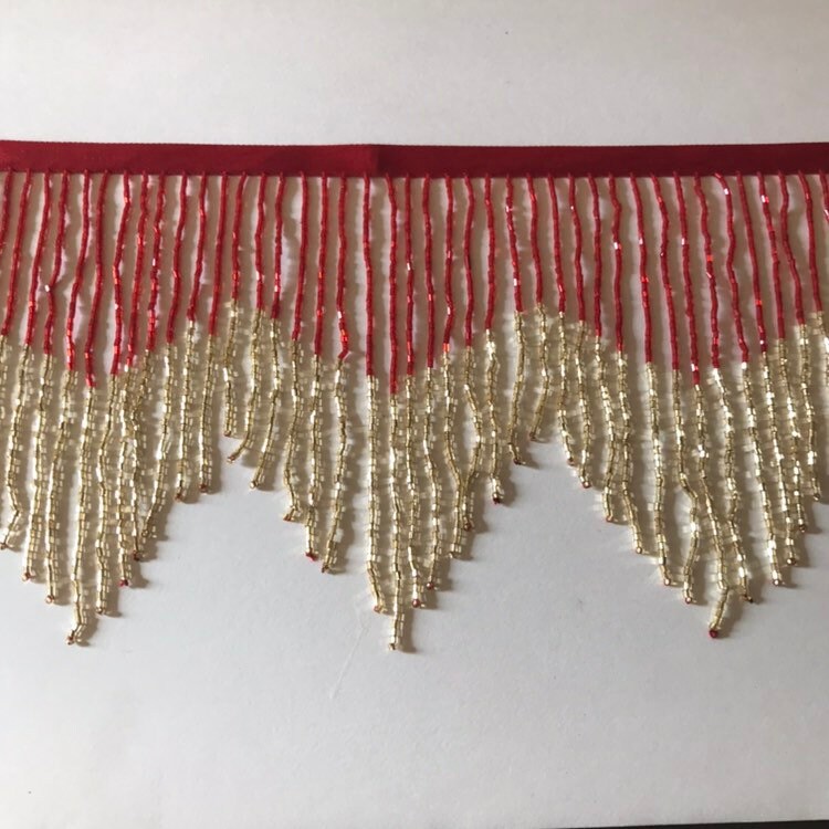 5 Yard Bolt 6.5" RED & GOLD Glass BUGLE Bead Beaded Fringe Chevron Lamp Costume Trim Variegated
