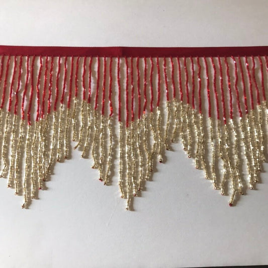 5 Yard Bolt 6.5" RED & GOLD Glass BUGLE Bead Beaded Fringe Chevron Lamp Costume Trim Variegated