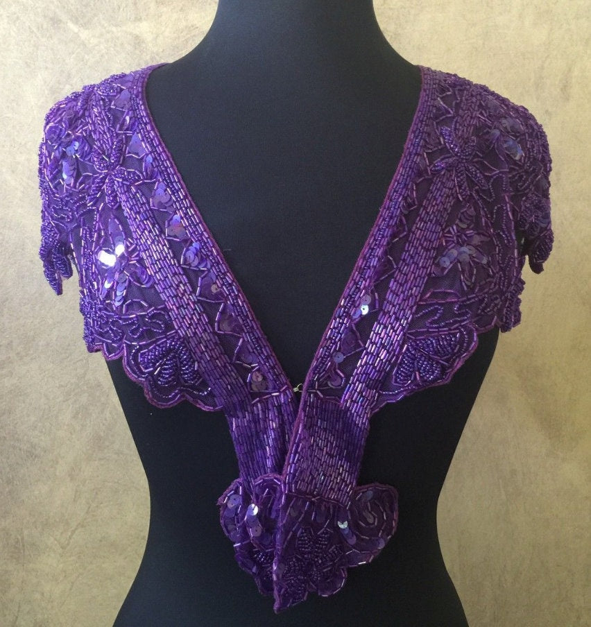 Sequin Glass Beaded & Sequin Wrap Lace Collar Shoulder Shrug Shawl Applique Purple Vintage Bridal