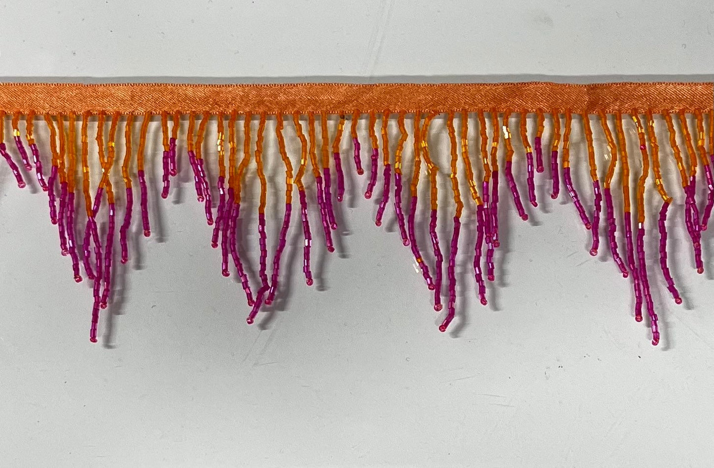 3" ORANGE/Fuchsia Ab Ombre CHEVRON Glass BUGLE Bead Beaded Fringe Lamp Costume Trim Variegated