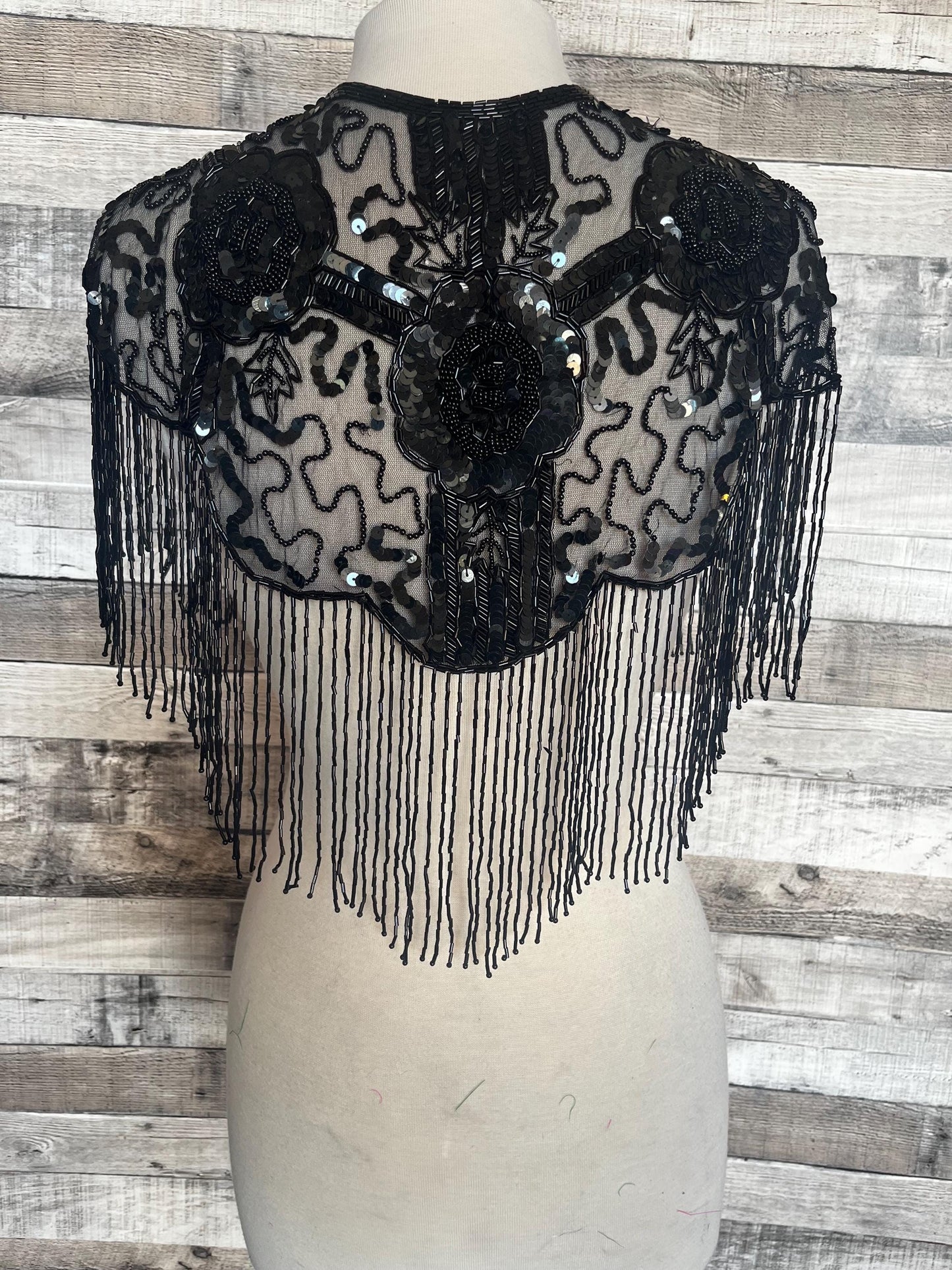 BLACK Sequin Glass Rose Beaded & Sequin Lace Collar Shoulder Shrug Shawl Applique Wrap Bridal