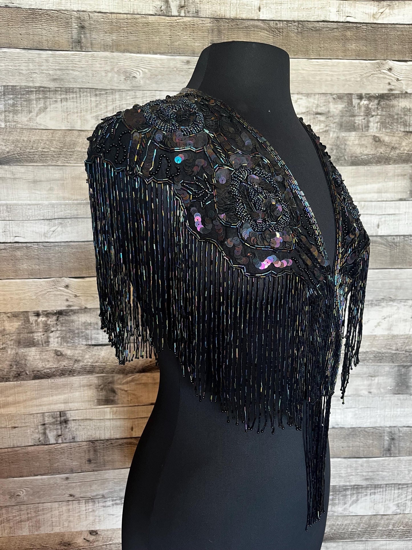 BLACK AB Sequin Glass Rose Beaded & Sequin Lace Collar Shoulder Shrug Shawl Applique Wrap Bridal