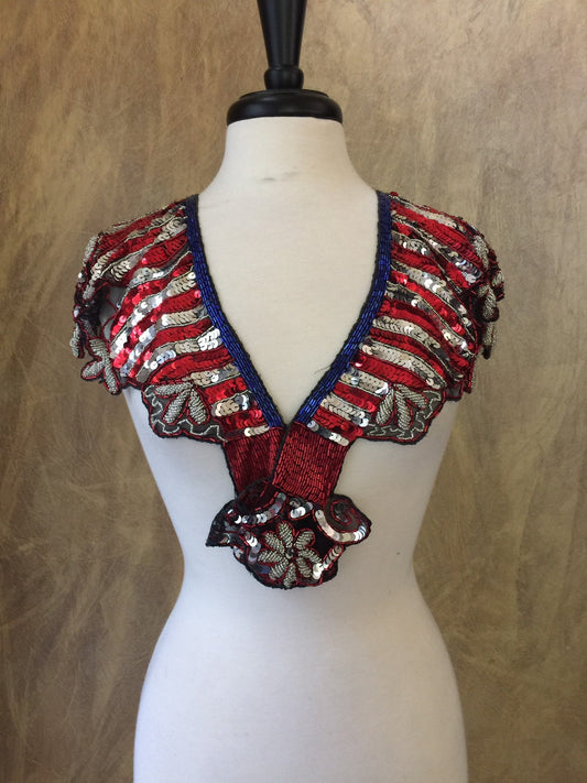Patriotic Sequin Glass Beaded & Sequin Wrap Lace Collar Shoulder Shrug Shawl Applique Vintage