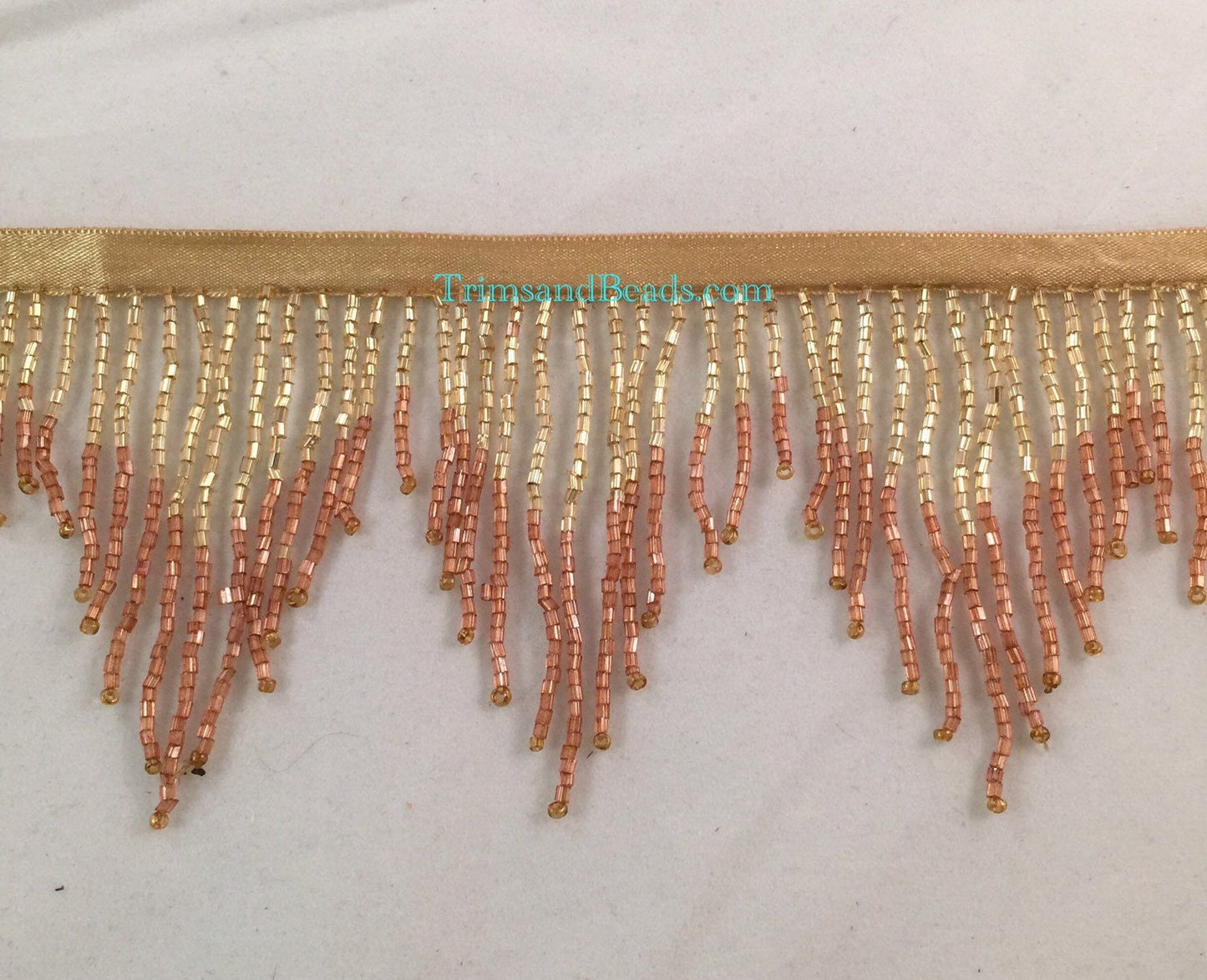 3" GOLD/COPPER Ombre Glass CHEVRON Bugle Bead Beaded Fringe Lamp Costume Trim Variegated