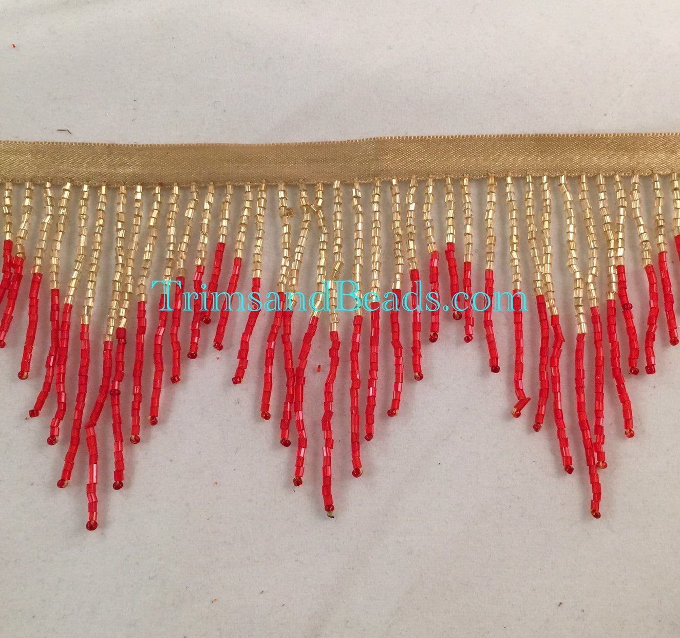 3" GOLD/RED Glass CHEVRON Bugle Bead Beaded Fringe Lamp Costume Trim Variegated