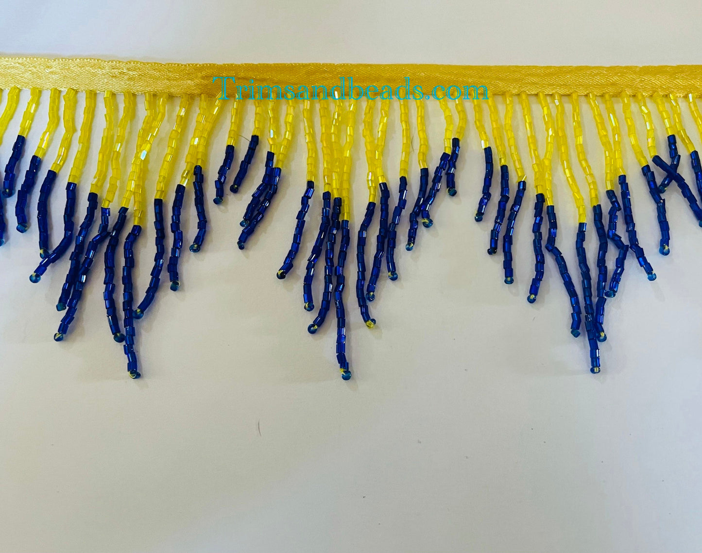 3" YELLOW/DARK Royal Blue Glass CHEVRON Bugle Bead Beaded Ombre Fringe Lamp Costume Trim Variegated