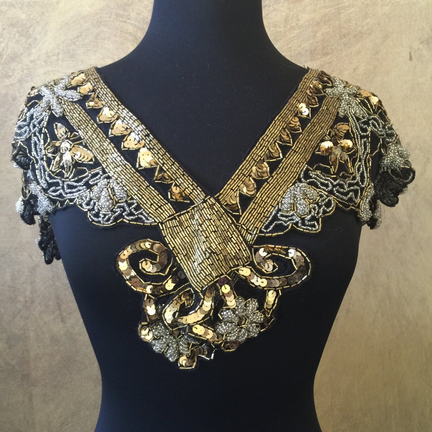 Sequin Glass Beaded & Sequin Lace Collar Shoulder Shrug Shawl Applique Gold Silver Black Vintage