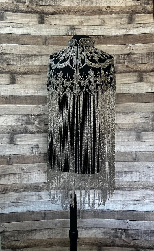 Glamorous Black and Silver Glass Beaded Collar with 24” GUNMETAL Bugle Bead Fringe Shoulder Shrug Shawl Applique Formal Wrap Western Rodeo