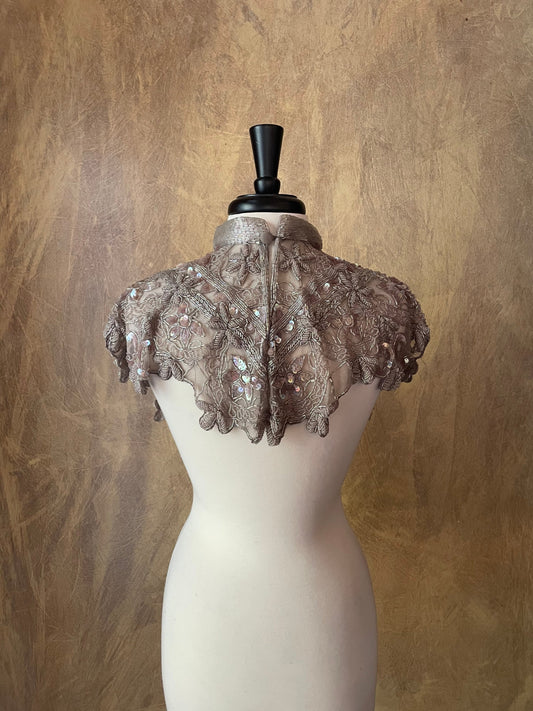 GRAY PEARL Sequin Glass Beaded & Sequin FULL Wrap Lace Collar Shoulder Shrug Shawl Applique