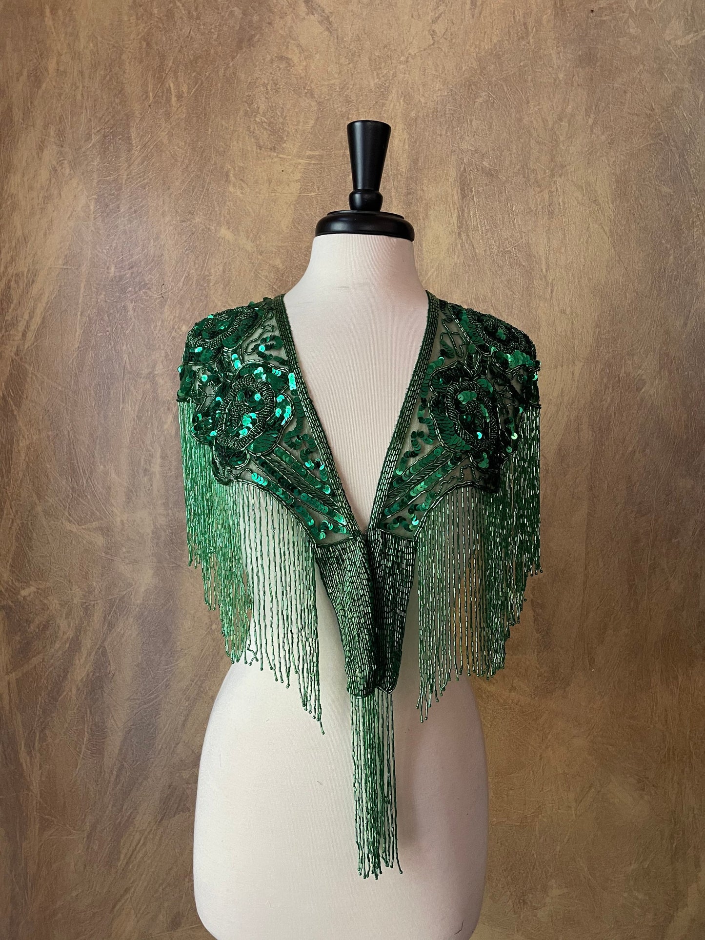 GREEN Sequin Glass Rose Beaded & Sequin Lace Collar Shoulder Shrug Shawl Applique Wrap Bridal