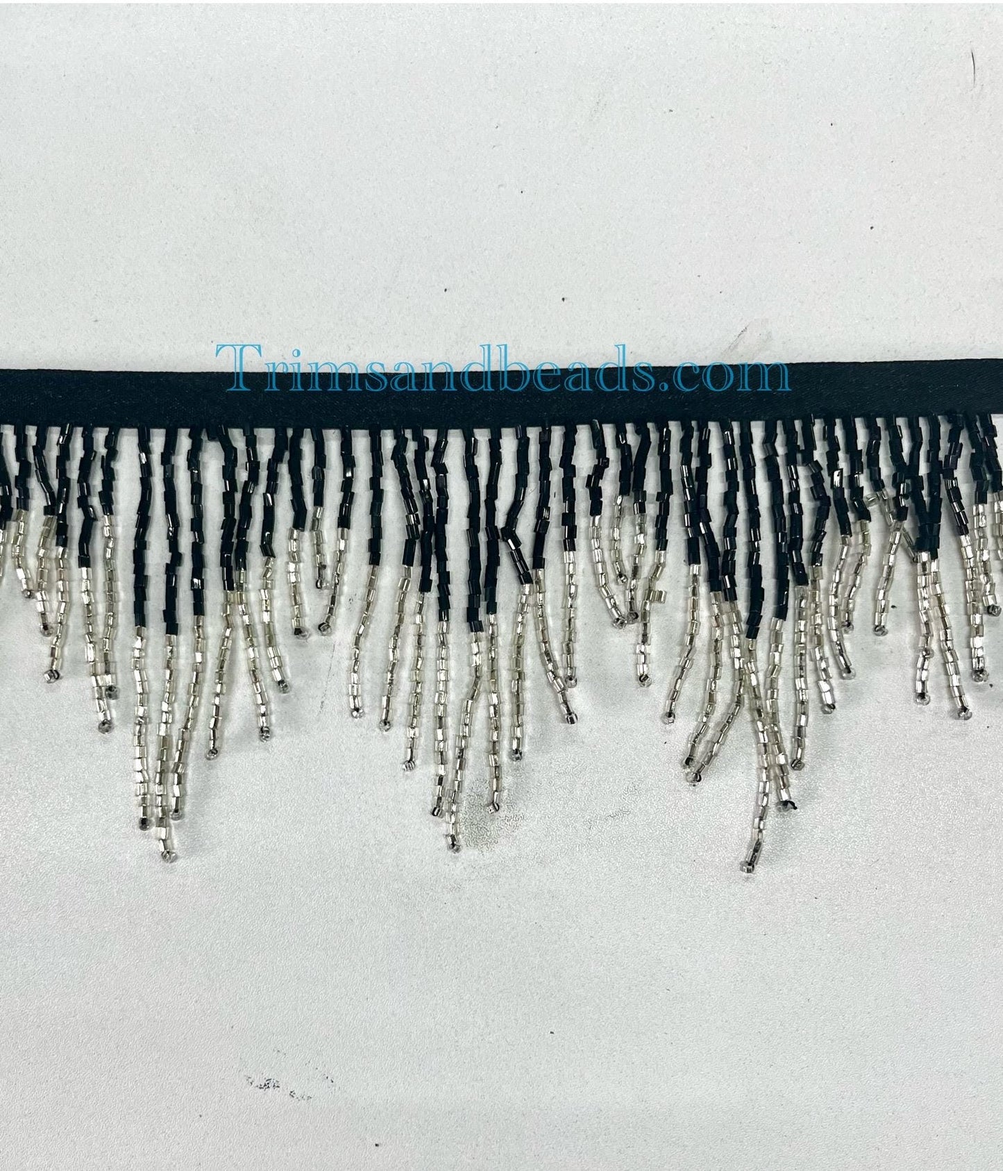 3" BLACK/Silver Ombre Glass CHEVRON Beades BUGLE Bead Fringe Lamp Costume Trim Variegated