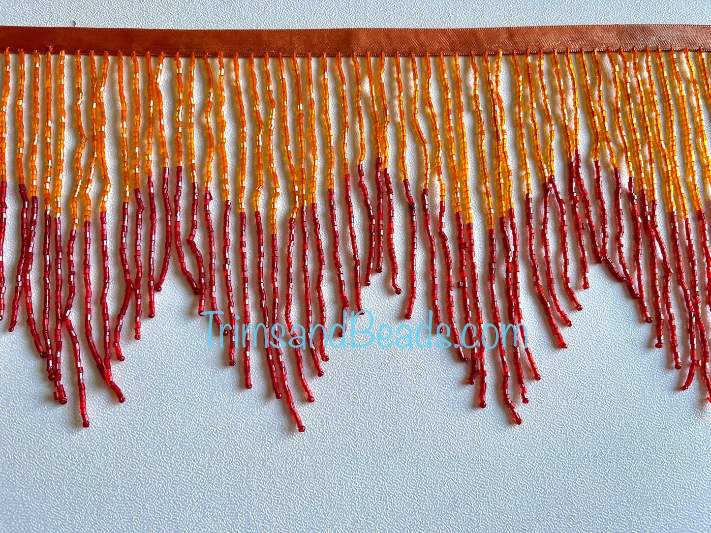 6" Glass BUGLE Bead Orange/Red Ombre Ombré CHEVRON Beaded Fringe Lamp Costume Trim Variegated