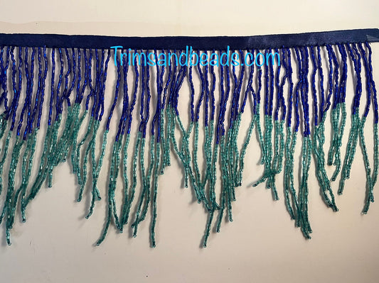 5 Yard Bolt- 6.5" DARK Royal Blue/Teal Ombre Ombré CHEVRON Glass BUGLE Bead Beaded Fringe Lamp Costume Trim Variegated