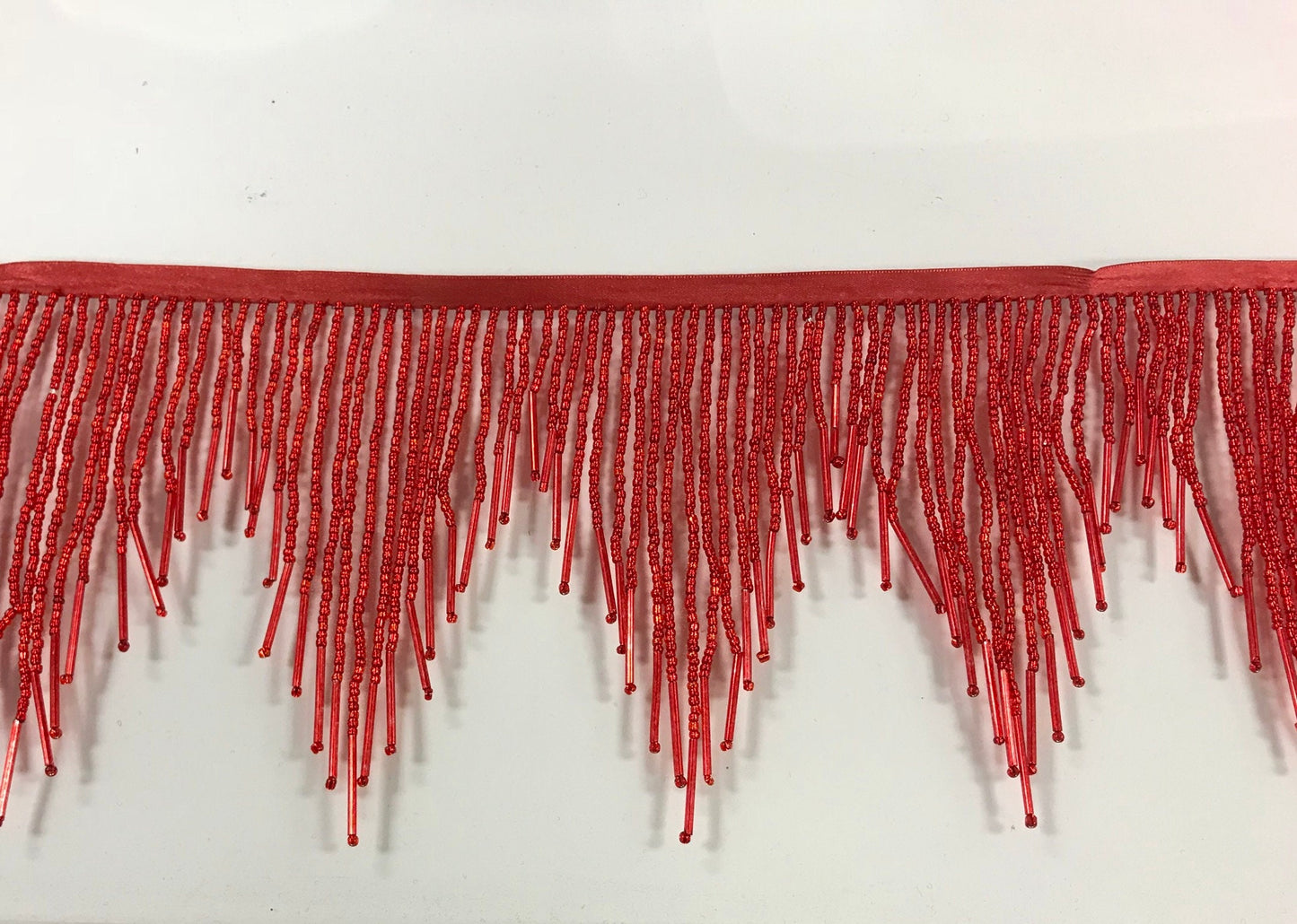 5 yard bolt-6/6.5" RED Glass SEED & Bugle Bead Beaded Fringe CHEVRON Lamp Costume Trim Variegated
