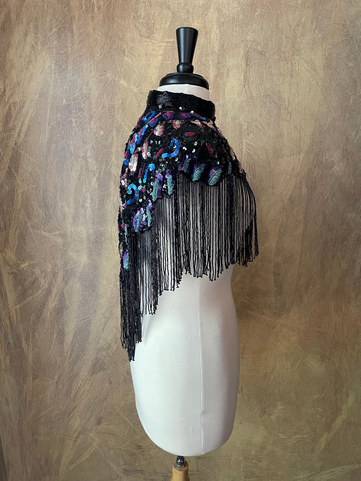 Black MULTI JEWEL Beaded & Sequin Long Glass Fringe Collar Shoulder Shrug Shawl Applique Wrap Western Rodeo