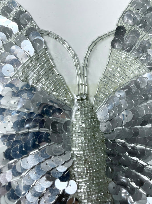 Large 10” Silver Glass Bugle Bead and Sequin Sew Butterfly Bodice applique