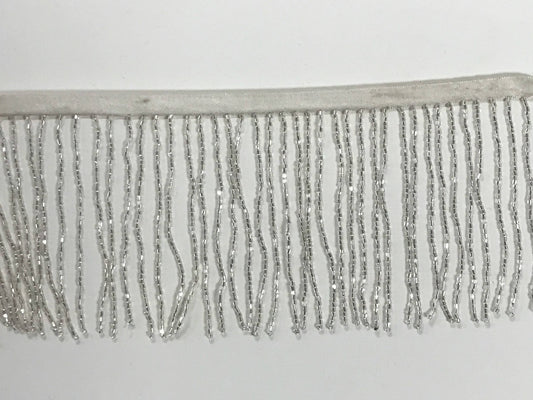 5 yard BOLT 4" SILVER Glass BUGLE Bead Beaded Fringe Lamp Costume Trim