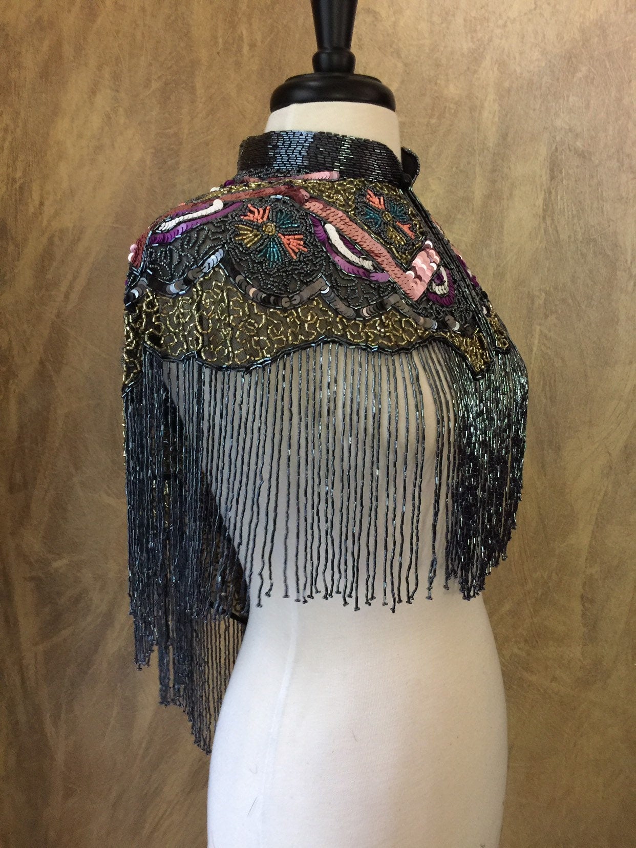 MULTI Beaded & Sequin Long Glass Fringe Collar Shoulder Shrug Shawl Applique Wrap Western Rodeo