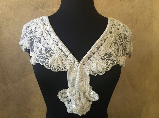 Sequin Glass Beaded & Sequin Wrap Lace Collar Shoulder Shrug Shawl Applique White Vintage Bridal