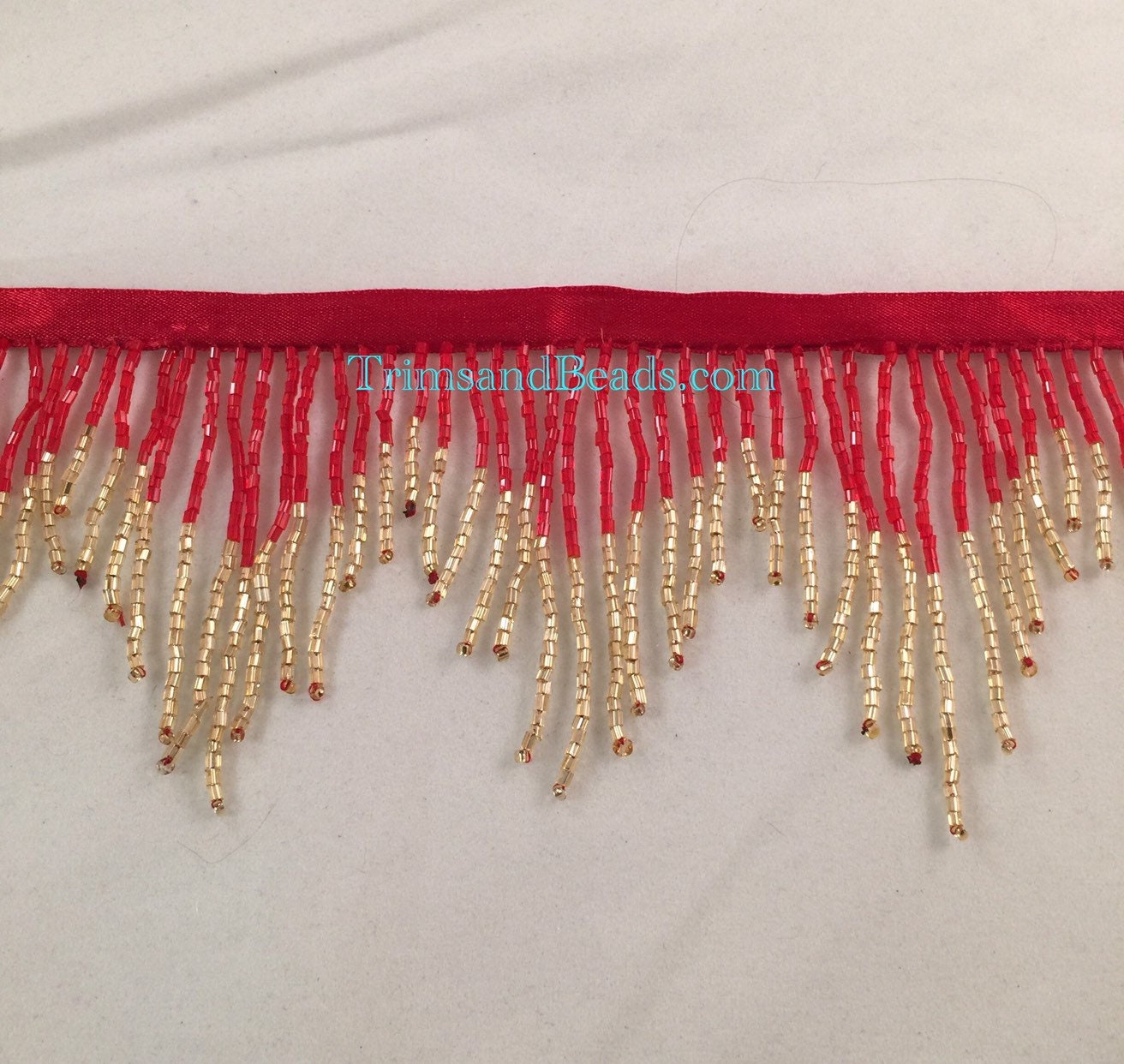 3" RED/GOLD Glass CHEVRON Bugle Bead Beaded Fringe Lamp Costume Trim Variegated