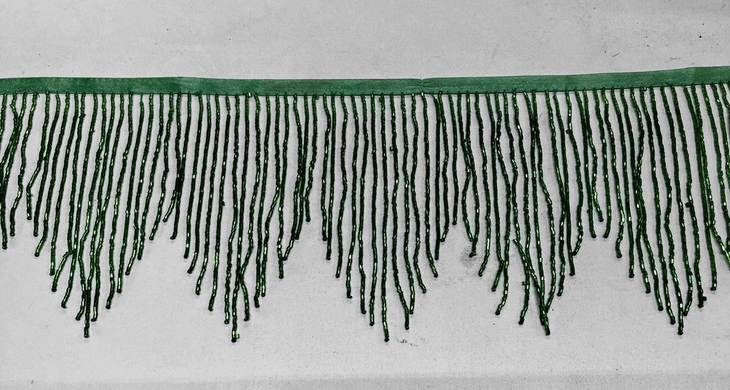 5yd Bolt 6.5" EMERALD GREEN Glass BUGLE Bead Beaded Fringe Lamp Costume Trim