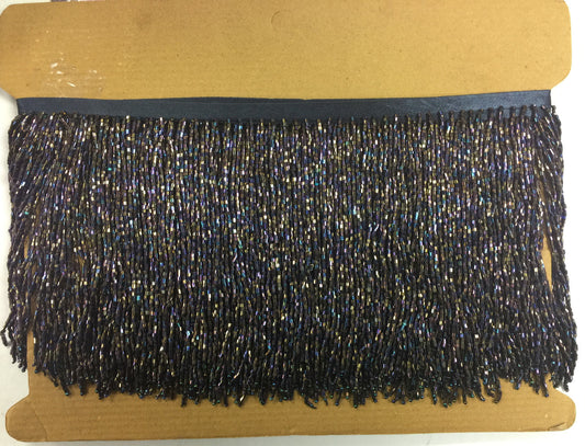 6" Rainbow Black AB Glass BUGLE Bead Beaded Fringe Lamp Costume Trim Iridescent