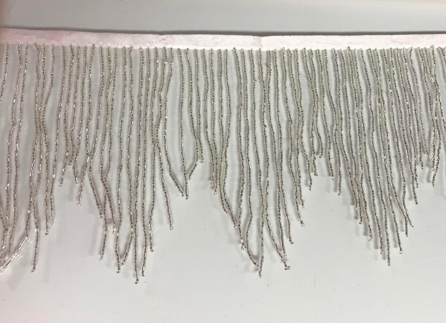 5 yard bolt 6.5" Silver Glass CHEVRON BUGLE Bead Beaded Fringe Lamp Costume Trim Variegated